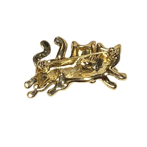Vintage Gold & Crystal Pair Of Kitties Leaping Brooch Gold Tone 2" - Picture 2 of 3